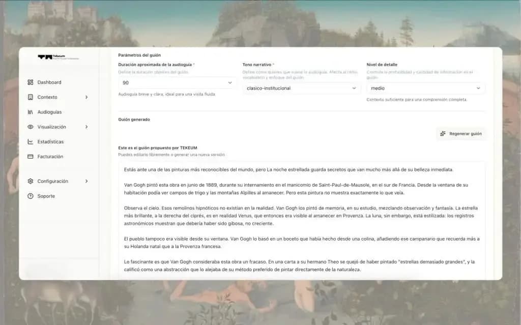 Panel de trabajo de Tekeum con los parámetros del guión y el texto generado por la IA, con una obra de fondo