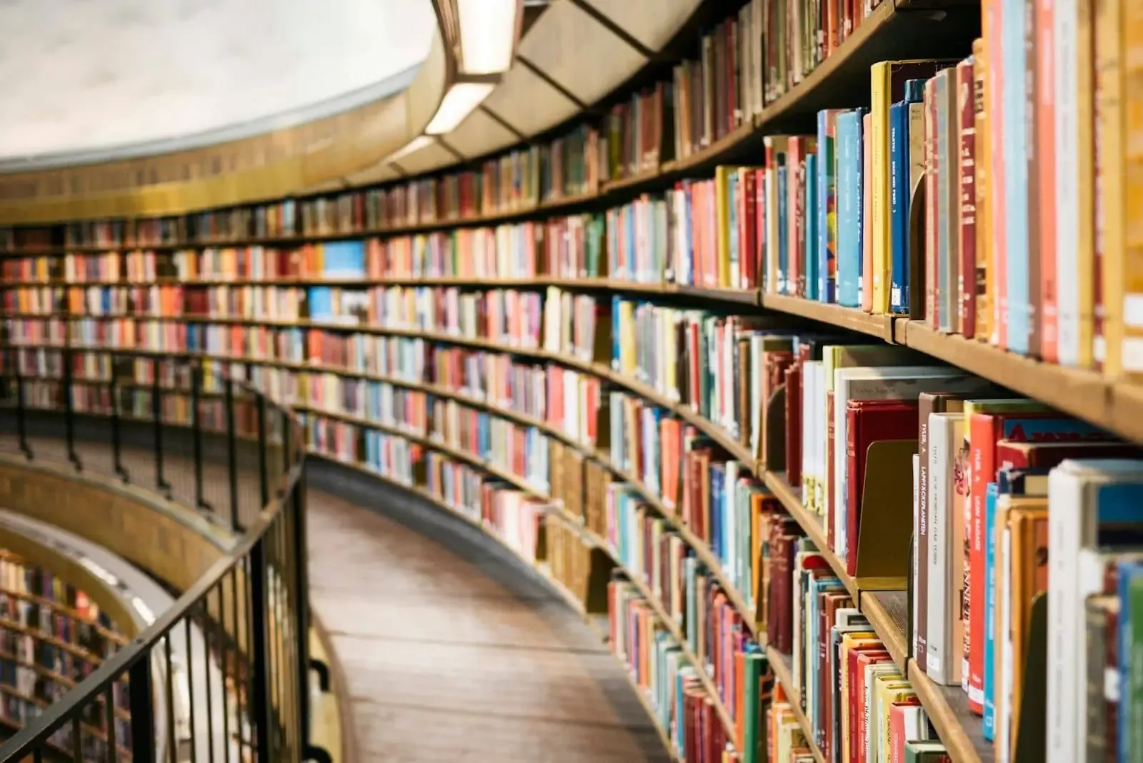 Estanterías curvas de una biblioteca llenas de libros